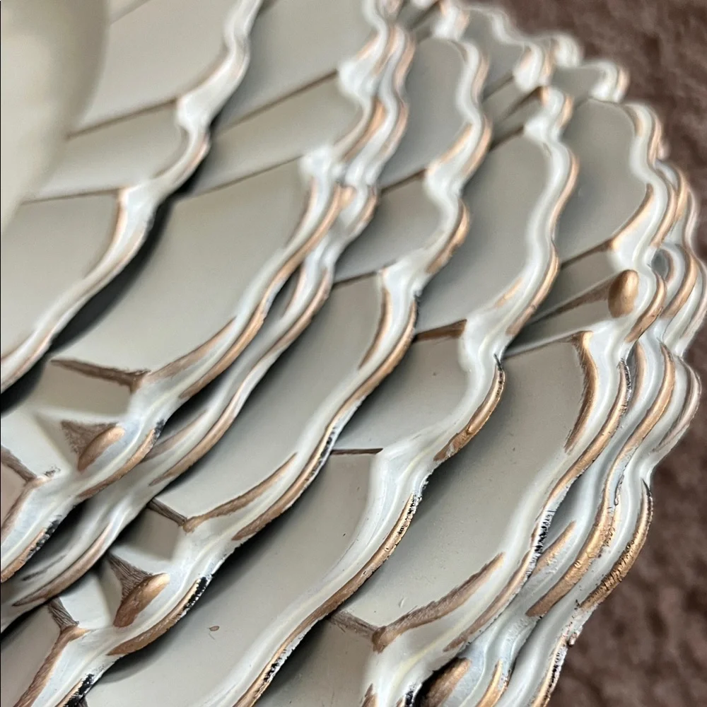 Pier 1 Cream Scalloped Charger Plate with Distressed Gold Trim - Set of 8